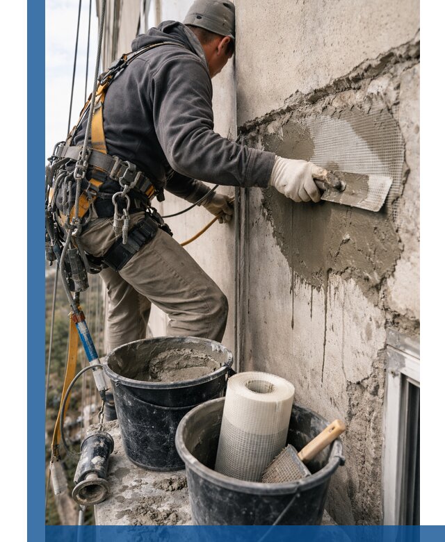 Ремонт бетонных элементов фасада промышленными альпинистами в Димитровграде