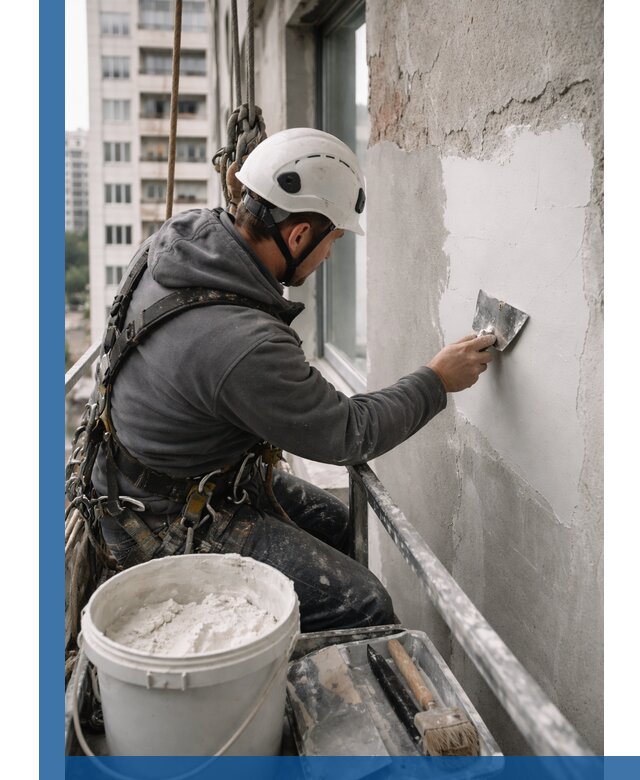 Шпаклевка фасадов на высоте с промальпинистами в Димитровграде