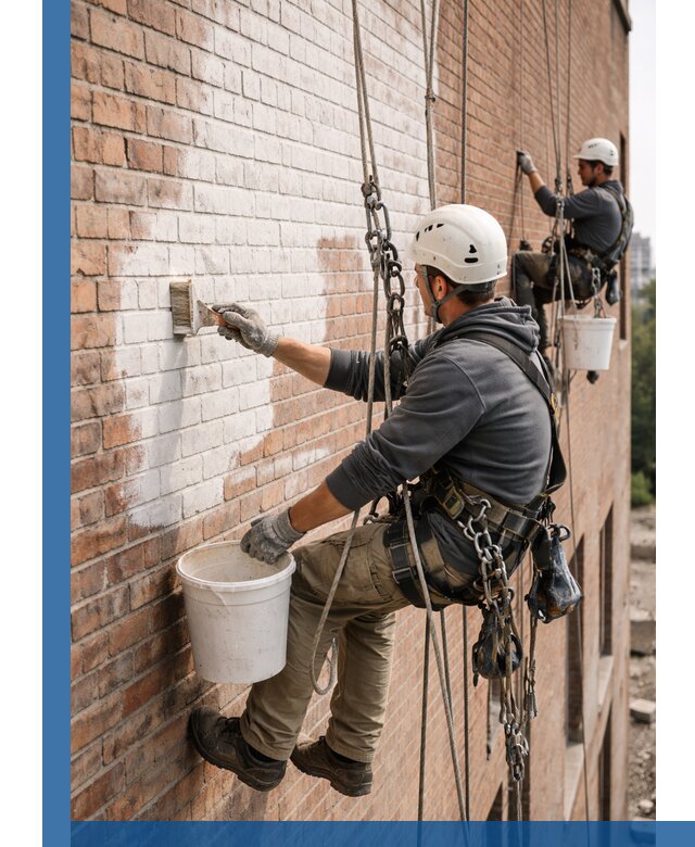 Покраска кирпичного фасада с доступным альпинистским сервисом в Димитровграде