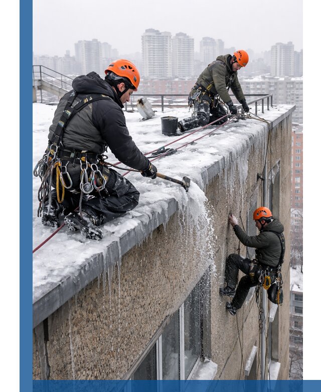 Удаление наледи с кровли в Димитровграде промышленными альпинистами