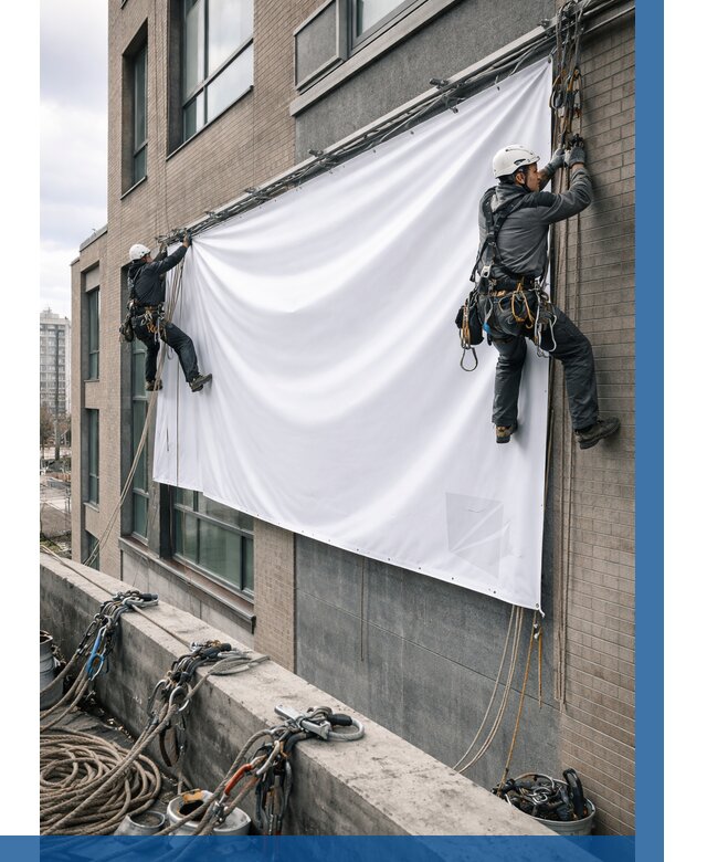 Монтаж баннеров на фасаде в Димитровграде от 670 р. заказать ВЫСОТНИК-Дмт