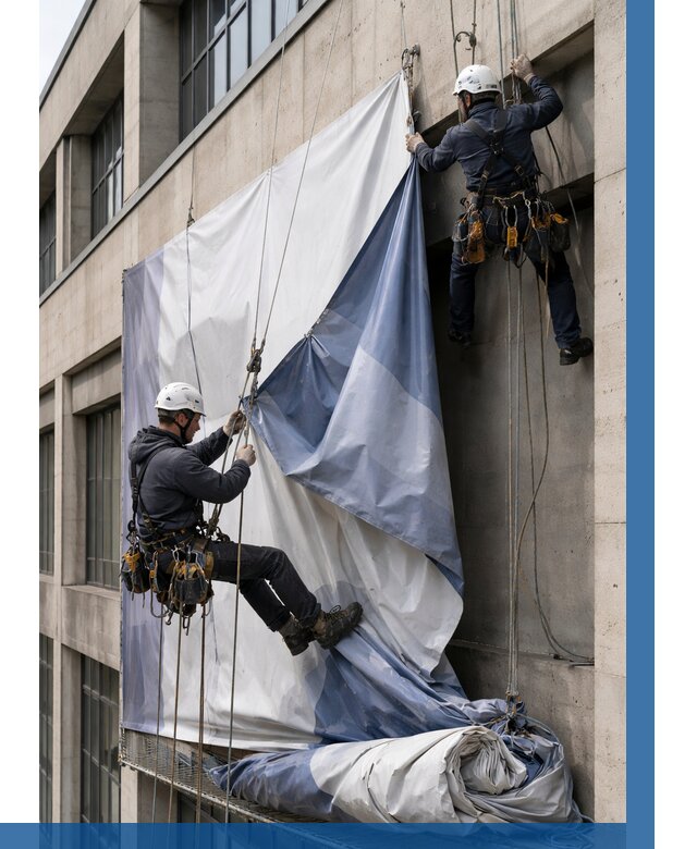 Демонтаж баннеров с фасада в Димитровграде от 4636 р. | ВЫСОТНИК-Дмт