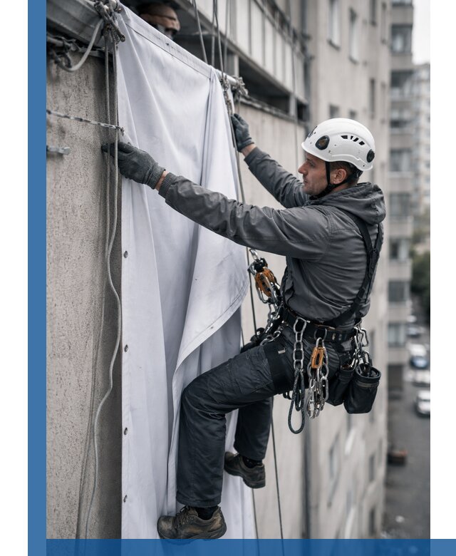 Замена баннерного полотна промышленными альпинистами в Димитровграде
