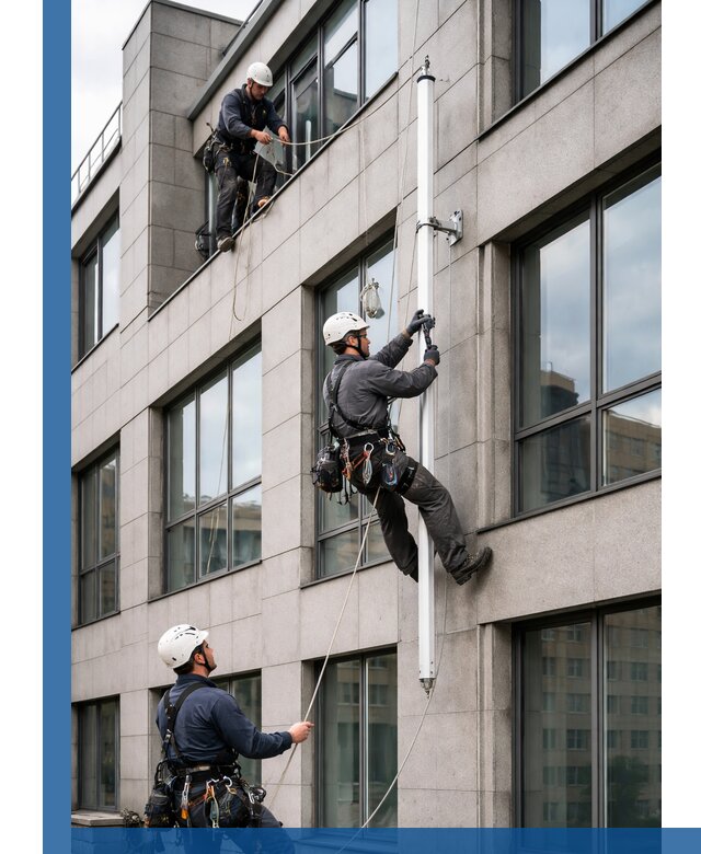 Монтаж флагштока на фасаде здания с креплением и герметикой в Димитровграде