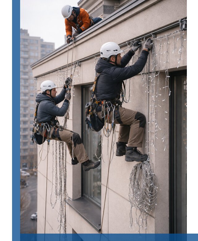 Монтаж праздничных гирлянд на фасаде в Димитровграде для зданий