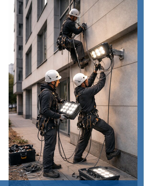 Монтаж прожекторов на фасаде в Димитровграде от 7727 р. | ВЫСОТНИК-Дмт