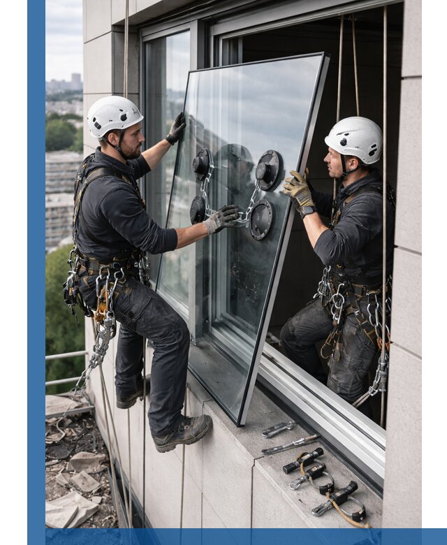 Замена стеклопакетов на высоте с промышленными альпинистами в Димитровграде