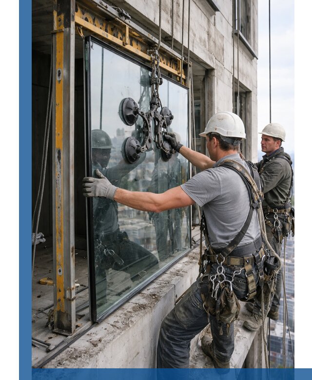 Монтаж стеклопакетов на высоте в Димитровграде с промышленным альпинизмом