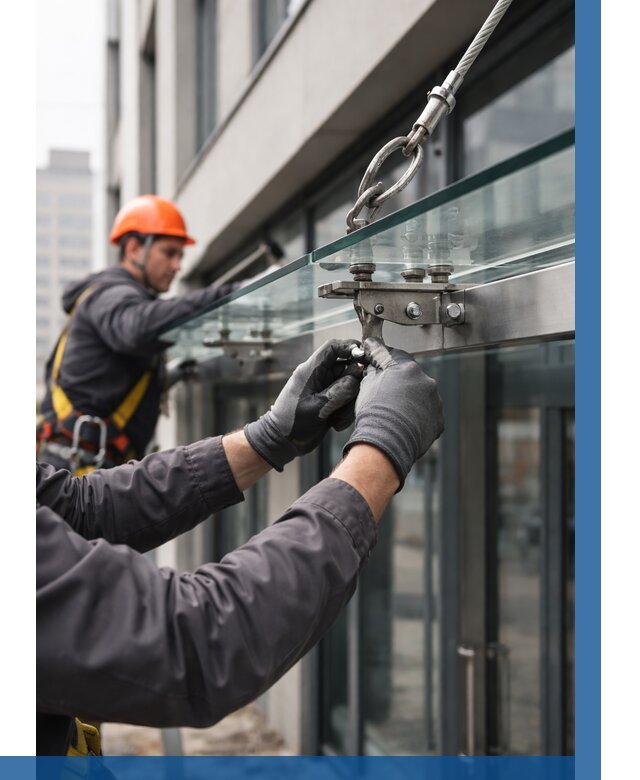 Монтаж стеклянных козырьков в Димитровграде от 8758 р. | ВЫСОТНИК-Дмт