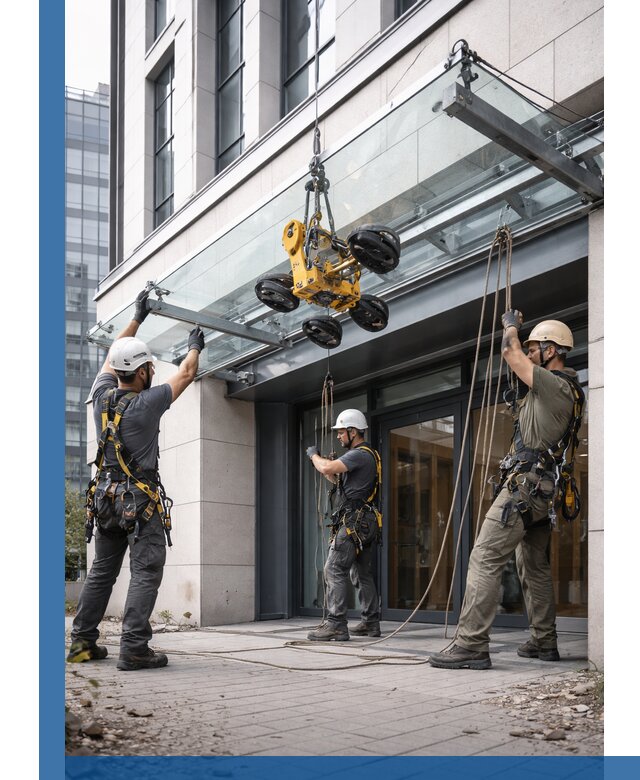 Монтаж стеклянных козырьков под ключ в Димитровграде для зданий