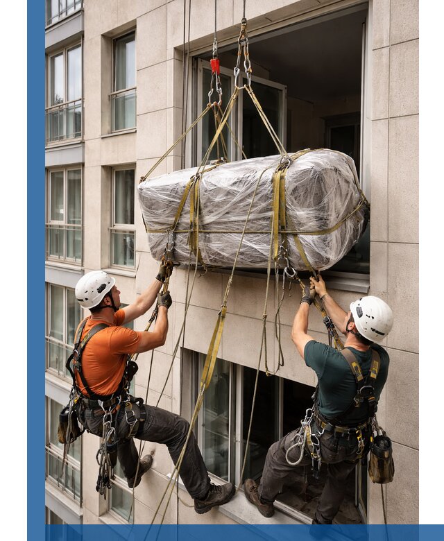 Подъем грузов через окно в Димитровграде промышленными альпинистами