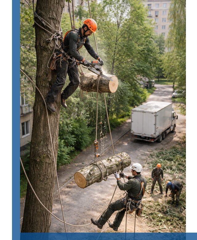 Спил деревьев альпинистами в Димитровграде, безопасно и без повреждений